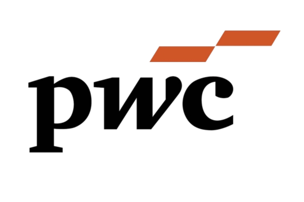 The PwC logo featuring the lowercase black letters 'pwc' with two orange parallelogram shapes above, set against a plain white background.