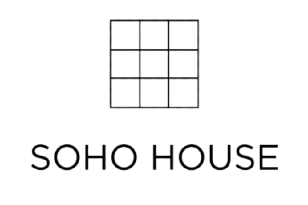 A minimalist logo featuring a nine-square grid above the text 'SOHO HOUSE' in black on a solid white background.